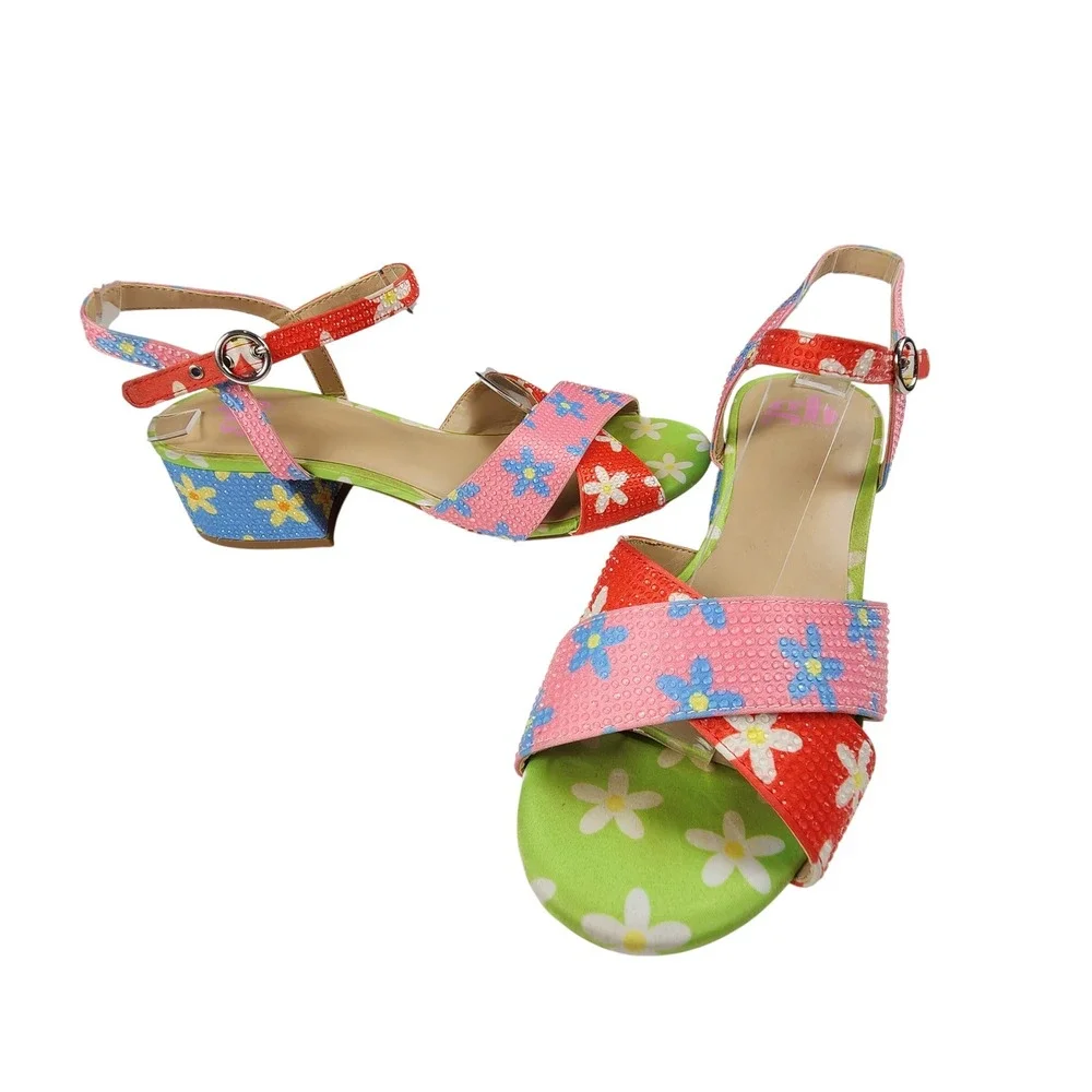 GB Gianni Bini Girls 5M Floral Rhinestone Block Heel Sandals Kidcore Party Retro